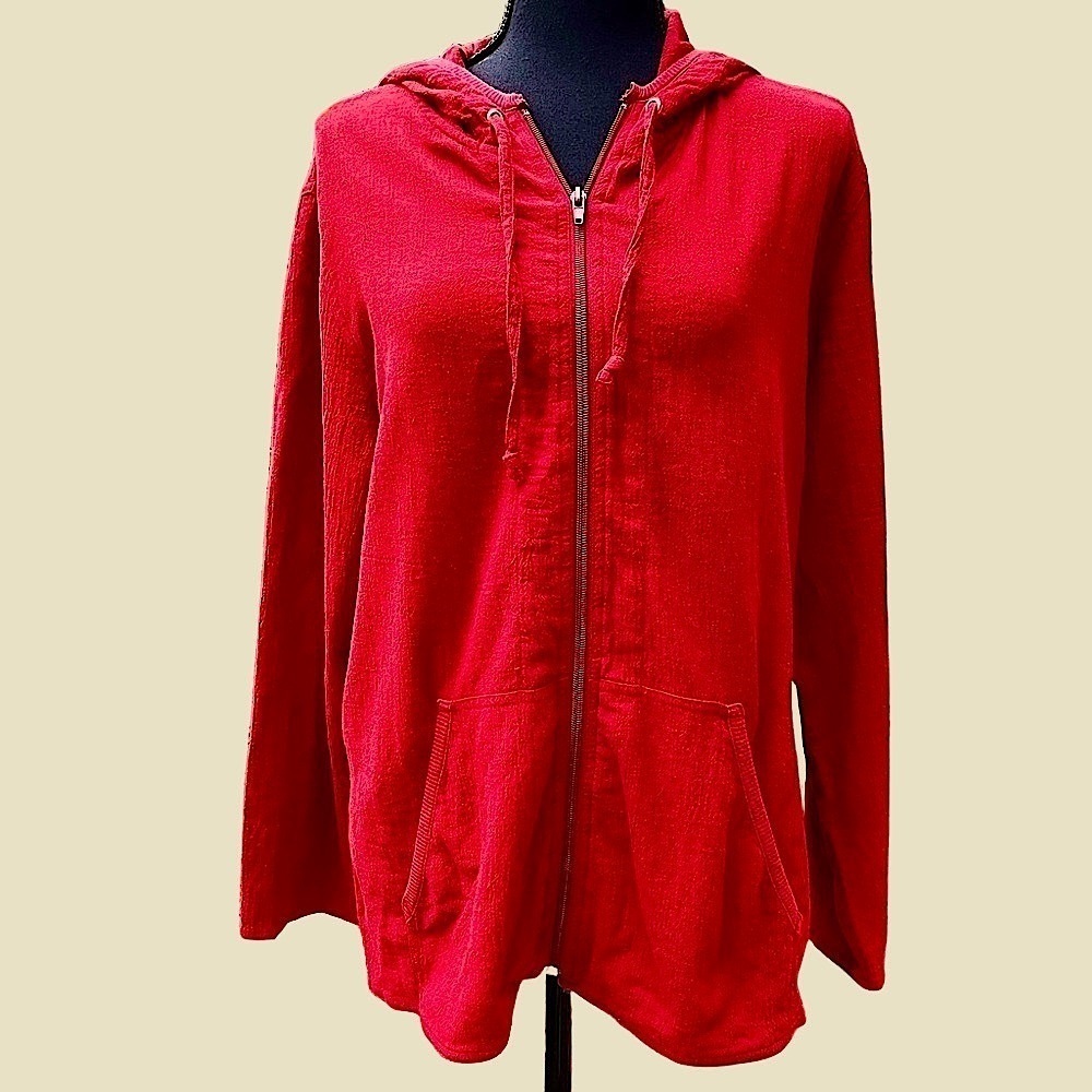 Chico's Lightweight Cotton Full Zip Hoodie Burgundy Medium